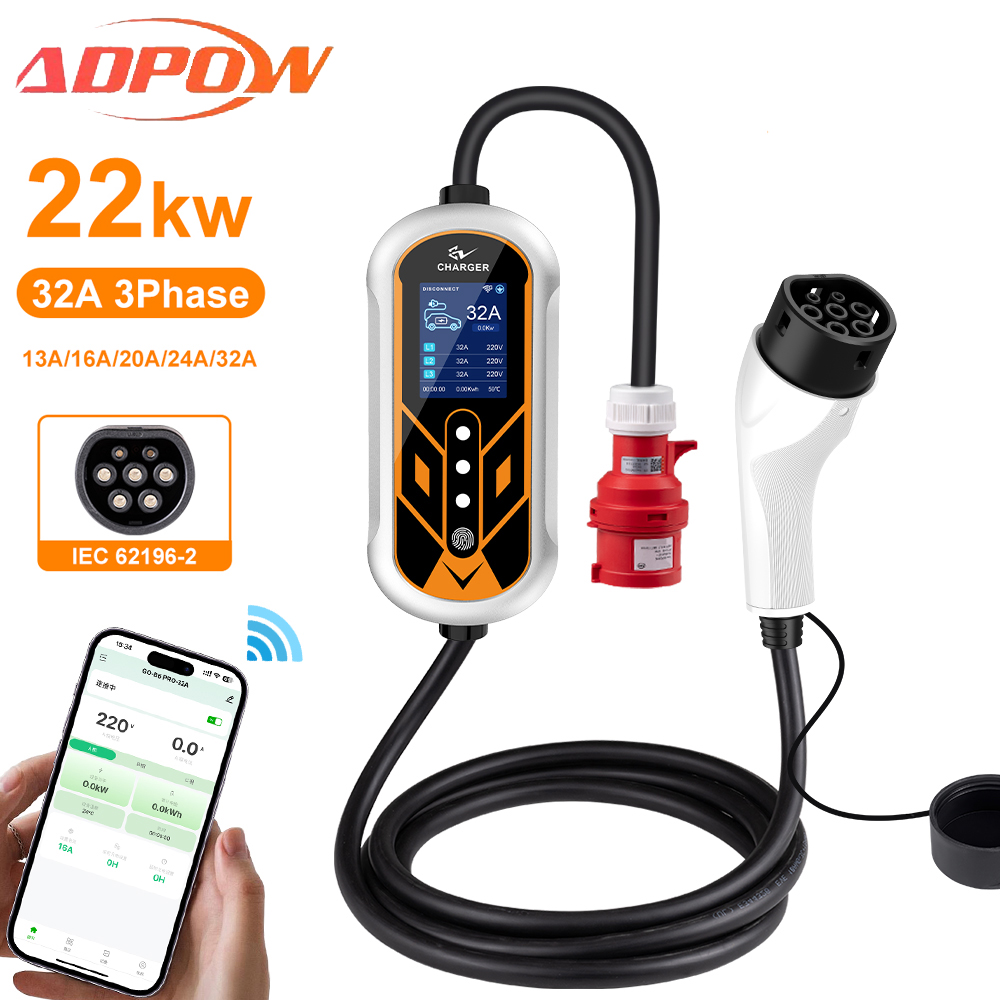 ADPOW المحمولة 32A Type2 شواحن - مراجعة Ev Charger Type 2 22Kw 32A 3 Phase وسعره